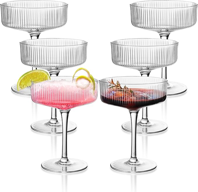 Montex 6 Pcs Ribbed Coupe Glasses, 10 oz Martini Glasses, Classic Vintage Cocktail Galssware, Pefect for Cocktail, Champagne and Gift