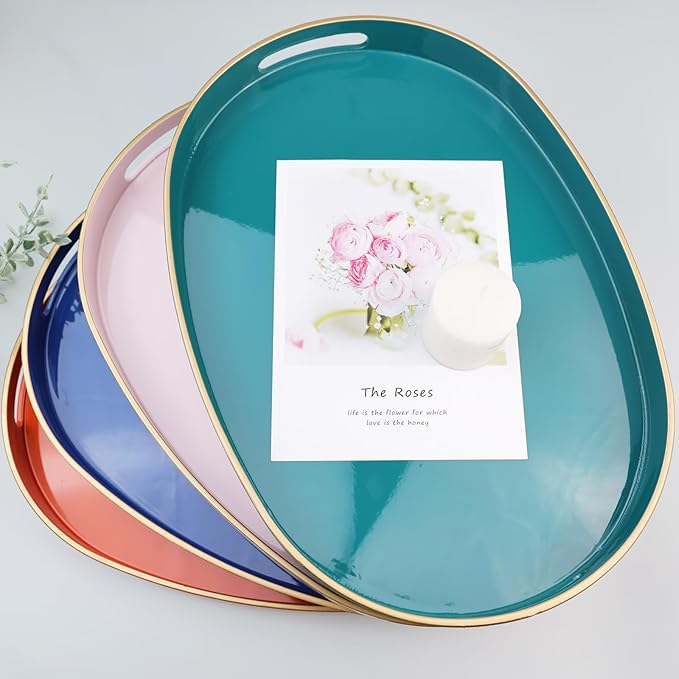 Black Oval Decorative Tray with Handles, Versatile Serving Tray for Coffee Table, Ottoman, Ideal for Serving, Displaying, Organizing