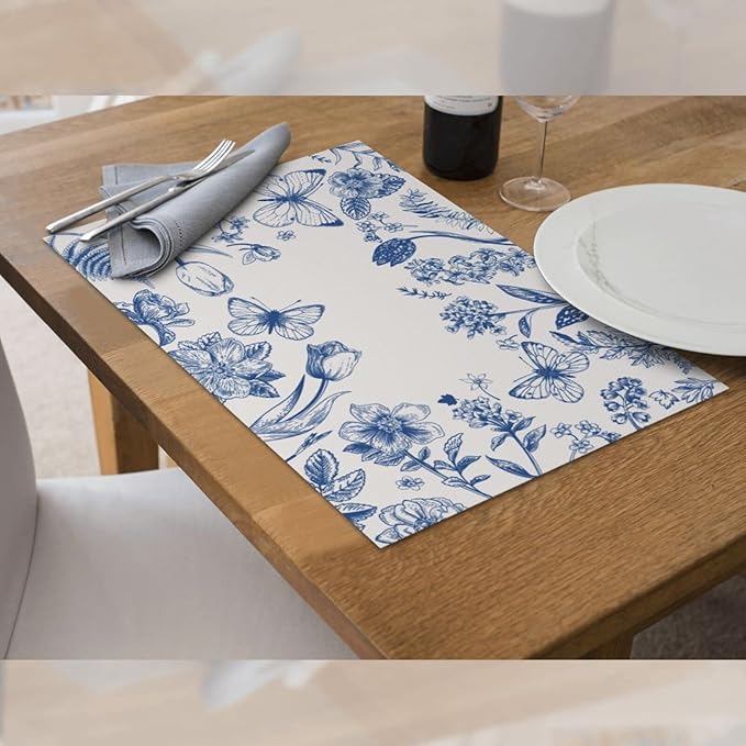 Vintage Flower Butterfly Placemats Set of 4 Washable Table Place Mats for Dining Kitchen Party Decor