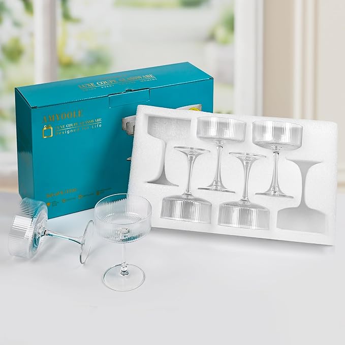 Vintage Ribbed Coupe Glasses Set of 6-11oz Clear 100% Crystal Martini Glasses Elegant Cocktail Glasses, Transparent Glassware for Champagne, Margaritas, Espresso with a Rose Ice Mold