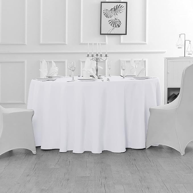Fokitut 6 Pack Waterproof Round Tablecloth, 108 Inch, Stain Resistant and Wrinkle Polyester Table Cloth, Fabric Table Cover for Kitchen Dining, Wedding, Party, Holiday Dinner-White