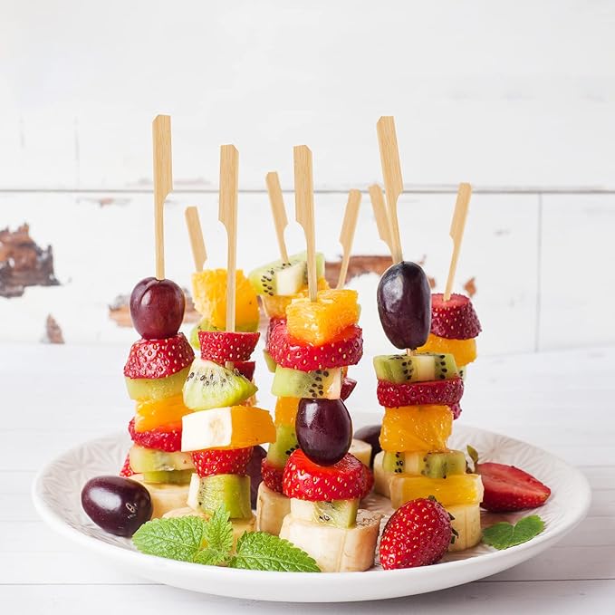 200 PCS Bamboo Skewers for Appetizer, 7 Inch Caramel Candy Apple Sticks, for Drinks, Fruit Kababs, Sausage, Barbecue Snack, Natural Wood Paddle Mini Food Skewer, Cocktail Pick, Charcuterie Accessories