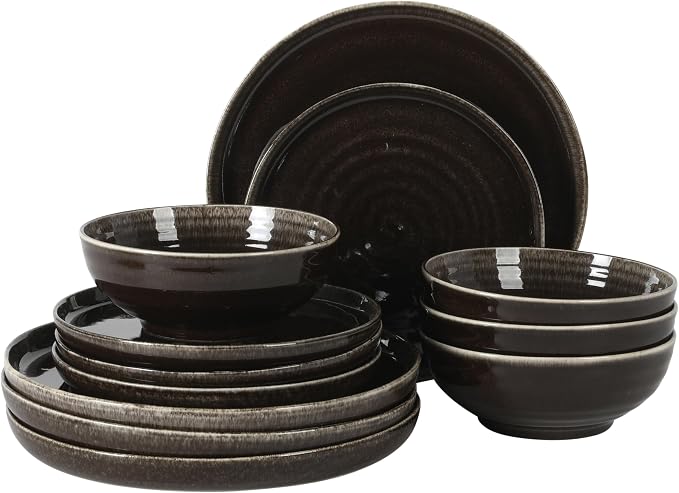 Gibson Elite Eclipse Swirls Plates and Bowls Sets, 12-Piece Stoneware by GibsonHomewares