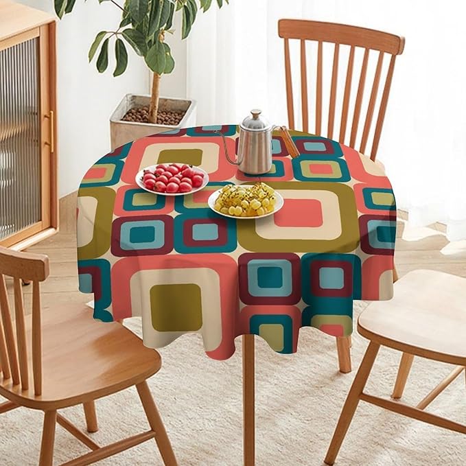 Abstract Geometric Round Tablecloth, Mid Century Modern Middle Century Abstract Patterns Print Tablecloth for Home Party Dining Room Kitchen Decor 60Inch(152cm)