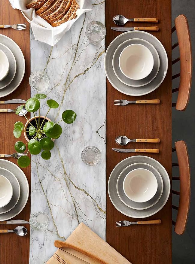 Marble Table Runner-Cotton Linen-Long 72 inche White Gray Gold Dresser Scarves - Image 2