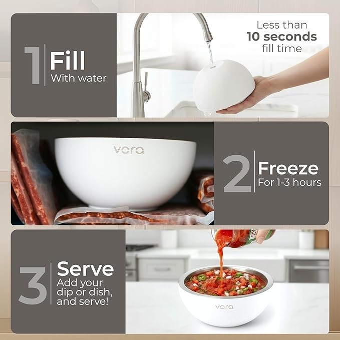 Vora 18oz Dip Chiller Bowl | 2 Pack White Stainless Steel Chilled Dip Bowl for Dips, Guacamole, Hummus, Salsa | Insulated Serving Dishes with Easiest Water Fill & Refillable Chamber
