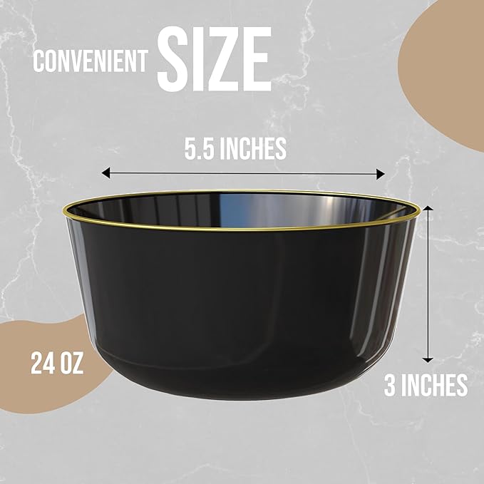 Trendables Plastic Bowls Disposable Bowls 24 Oz Bowl Set Of 10 Black Gold Rimmed Fancy Plastic Serving Dishes Perfect for Parties and Events Disposable Candy Bowl