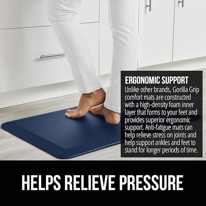 GORILLA GRIP Comfortable Cushioned Kitchen Mats for Floor, 58x20, Waterproof and Stain Resistant Soft Top, 3/4 Inch Thick Ergonomic Standing Desk Anti Fatigue Mat, Foam Supports Ankles and Feet, Navy