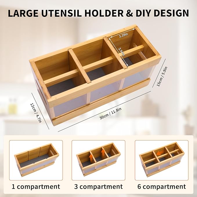 Kitchen Utensil Holder for Countertop Bamboo Large Cooking Utensil Holder Silverware Caddy Organizer with 6 Removeable Compartments for Party Home Farmhouse