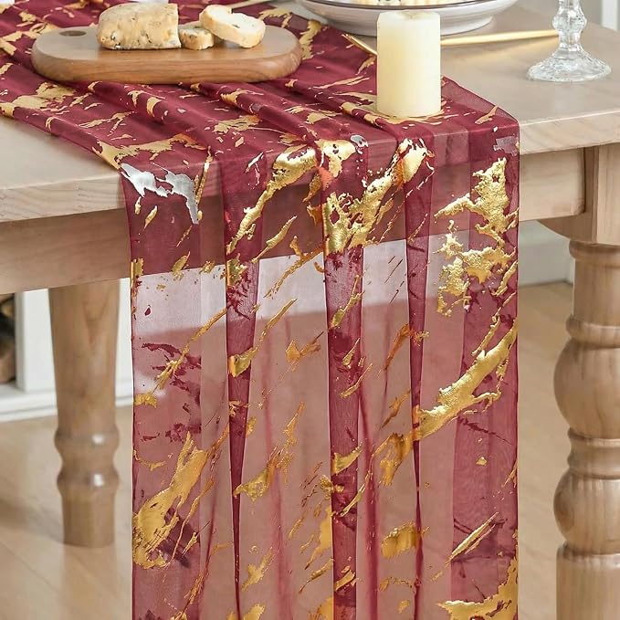 Artoid Mode Marble Pattern Burgundy Gauze Table Runner 10FT, Glitter Metallic by ArtoidMode