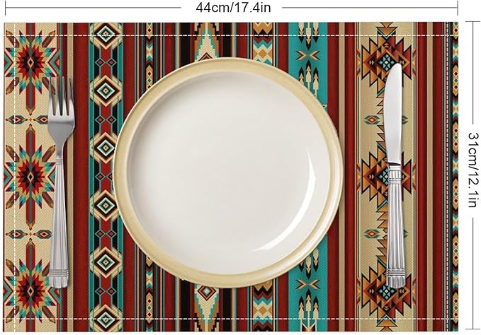 Southwestern Placemats Rustic Tribal Geometric Decorative Table Mat Antique Native Heat Resistant Place Mats for Dining Kitchen Party Holiday Decor 12x18Inch Set of 6