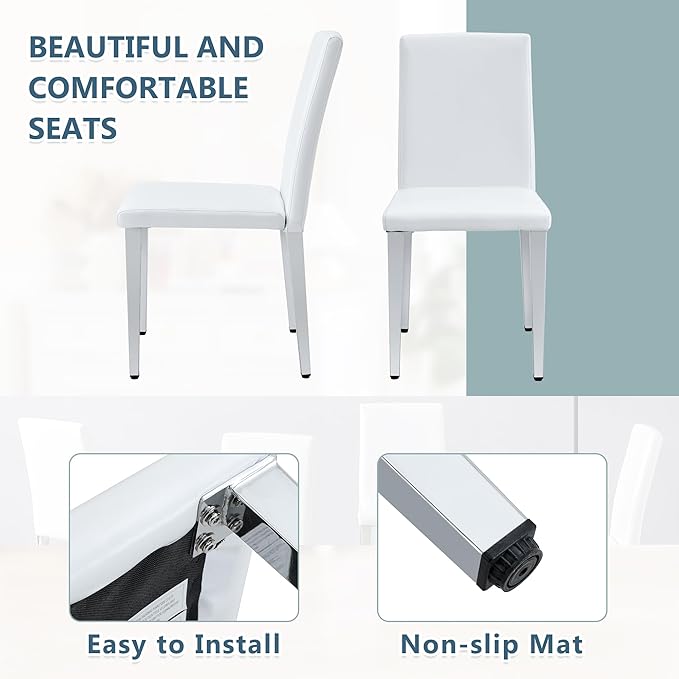 White Dining Chairs Set of 8,Faux Leather with Chrome Plate Metal Legs,Armless Kitchen Room Chairs Set of 8,Max Load 300 Lbs,High Back Modern Design for Home Kitchen Living Room Bedroom