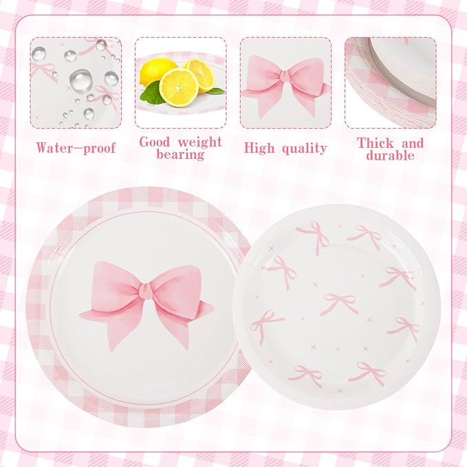 60PCS Pink Bow Paper Plates and Napkins Party Supplies Serve 20 | Disposable - Image 3