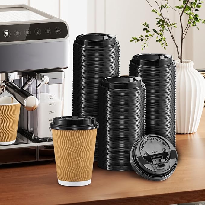 SIUQ 150 Pack Coffee Cup lids, Disposable Plastic Cup Lids for 10, 12, 16, 20, 24 oz Paper Cups, Hot/Cold Drinking Cup Lids, 3.54 Inches/90 mm Diameter - Black