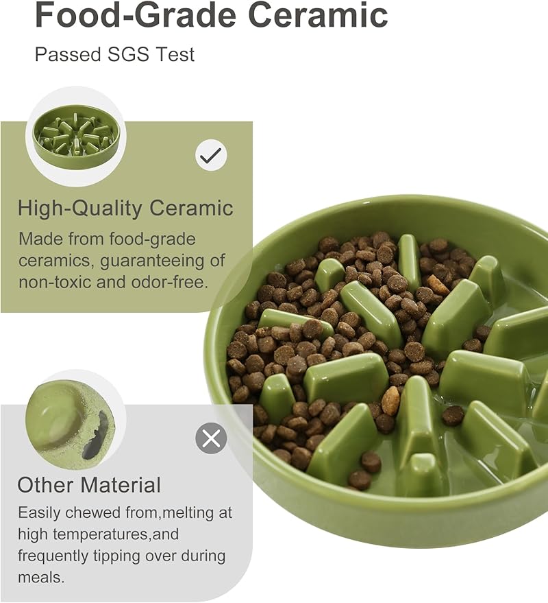 Ceramic Maze Dog Slow Feeder with Non-Slip Silicone Rim – Heavy-Duty Stoneware Bowl with Puzzle Pattern for Bloating & Obesity Prevention (Green-M)