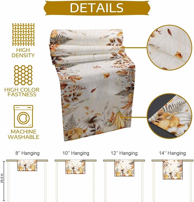 White Golden-Yellow Pumpkin Fall Table Runner 72 Inches Long, Thanksgiving - Image 8