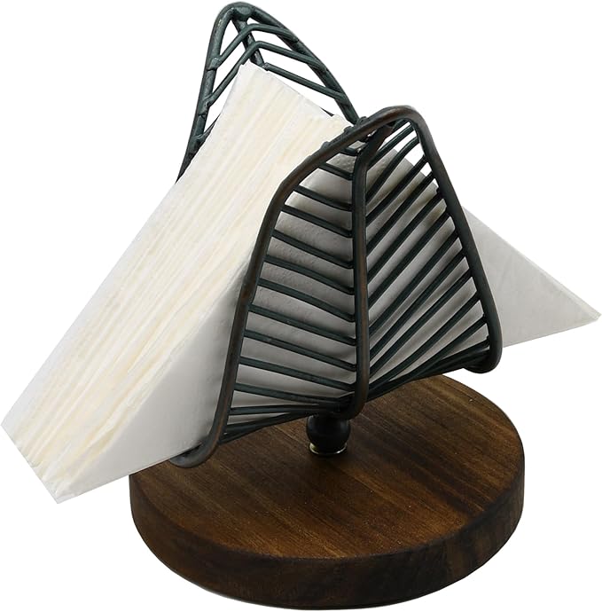 OwlGift Freestanding Modern Napkin Holder w/Golden Turquoise Wrought Iron Leaf & Brown Wooden Base Design, Tabletop Tissue Dispenser, Napkin Storage Organizer