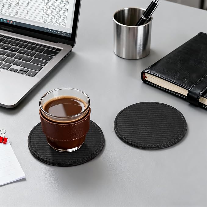 6 Pcs Premium Leather Coasters with Holder, Tabletop Protection, Coffee Table & Bar Decoration, Modern-Style Drink Coasters Suitable for Home Dining Tables & Kitchen Accessories (Black Stripe)