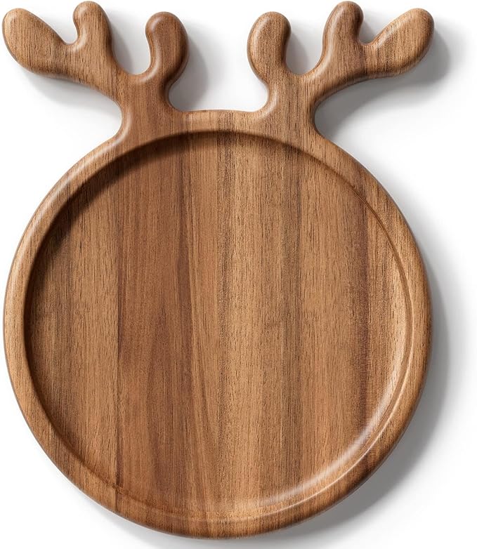 Acacia Wood Serving Platter, Christmas Decorative Reindeer Antler, 12"x10"Round Wooden Food Dish Display Plate, Charcuterie Board Tray for Cheese Fruit, Kitchen Gift for Housewarming (Gift Box)