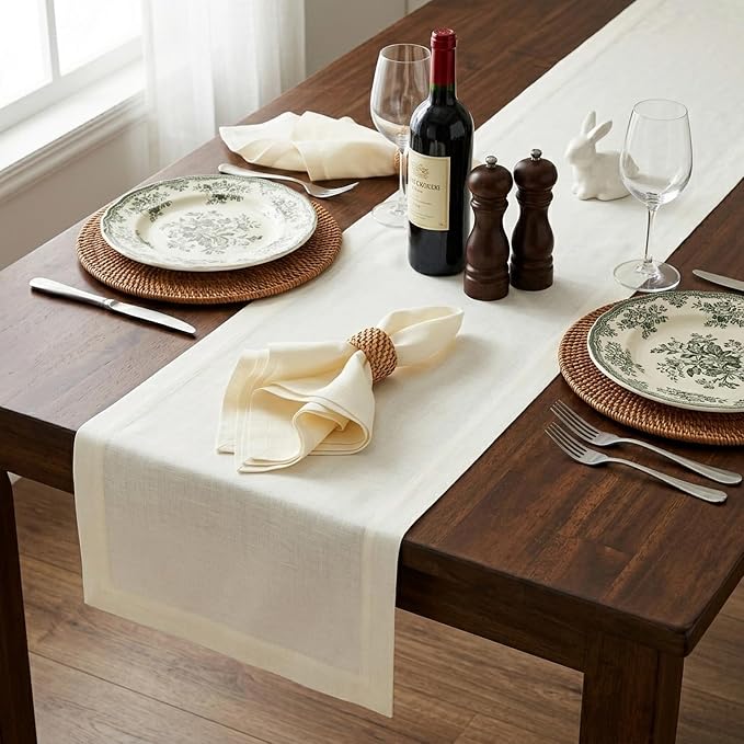 Solino Home 100% Pure Linen Dining Table Runner Ivory, Fete 14 x 108 in | Table - Image 3