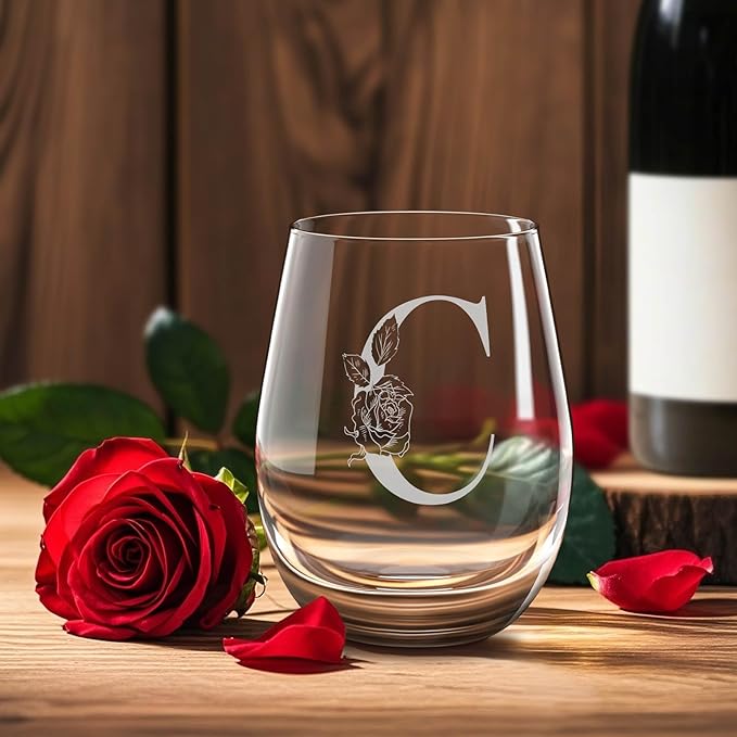 Valentines Day Gifts for Her, Gifts for Women Her Friend Mom Grandma Wife Sister Bridesmaid Nurse, Birthday Galentines Mothers Day Christmas, Personalized Initial Customized Wine Glasses 18OZ(C)