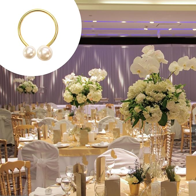 6 Pcs Gold Napkin Rings - Pearl Napkin Rings,Metal Napkin Ring for Table Settings Wedding Christmas Party Dinner Table