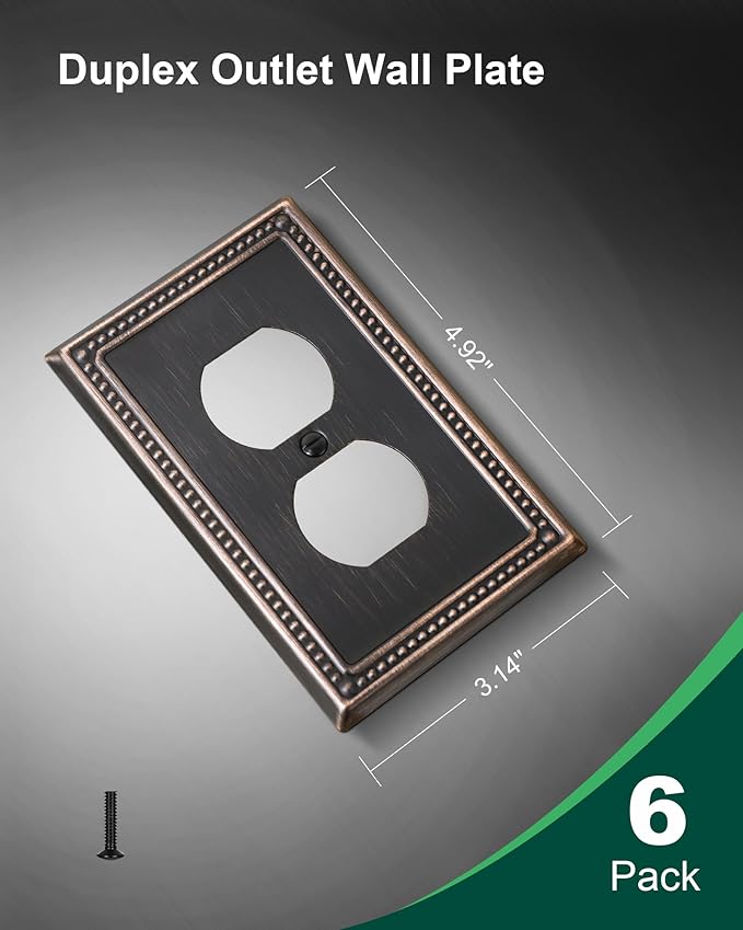 6-Pack Duplex Outlet Cover Plate, Aged Bronze Metal Wall Plates for Electrical Outlets, 1 Gang Receptacle Light Switch Cover, Pearls Decorative Switch Plates and Outlet Covers