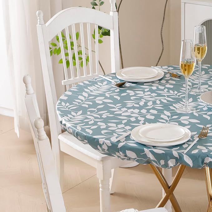 Walrus Round Vinyl Fitted Tablecloth with Flannel Backing Elastic Edge Design Table Cover Waterproof Oil-Proof PVC Table Cloth Stain-Resistant Best for 57"-66" Round