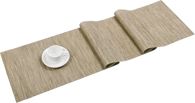 SHACOS Woven Vinyl Table Runner Indoor Outdoor 12x54 inch Kitchen Dining Table Runners Wipe Clean Washable PVC Table Runner, Bamboo Tan
