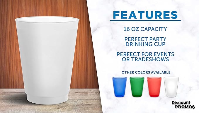 DISCOUNT PROMOS Frosted Plastic Stadium Cups, 10 pack, 16 oz. Shatterproof Flexible Reusable Party Cups, Natural