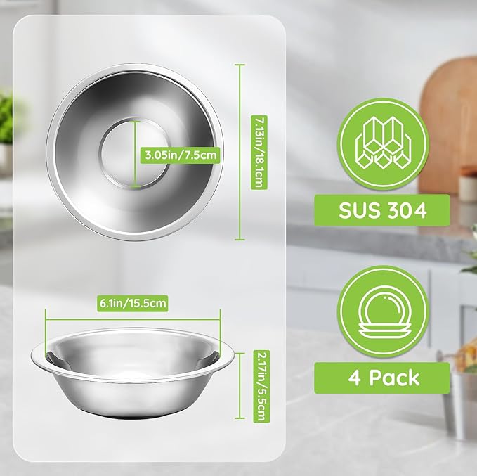 304(18/8) Stainless Steel Mixing Bowls for Kitchen, 4 Pack 7" 21.22 fl.oz Metal Mixing Bowls Set Stackable for Baking Serving Cooking Food Prep Storage Dishwasher Safe Lightweight