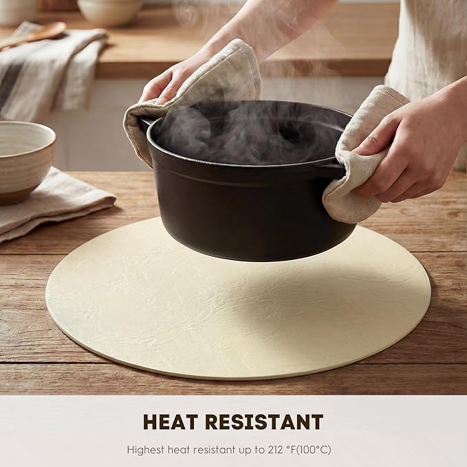 Artoid Mode Beige Faux Leather Placemats Set of 6, 15 Inch Waterproof Wipeable Heat Resistant Vinyl Place Mats, Reversible Table Mats for Kitchen Dining Decor