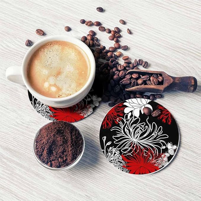 Chrysanthemum Flower Drink Coasters Modern Monochrome Peonies Spring Floral Blossom Housewarming Presentss for New Home Present for Friends,2 Pcs,4 X 4 X 0.35 Inches
