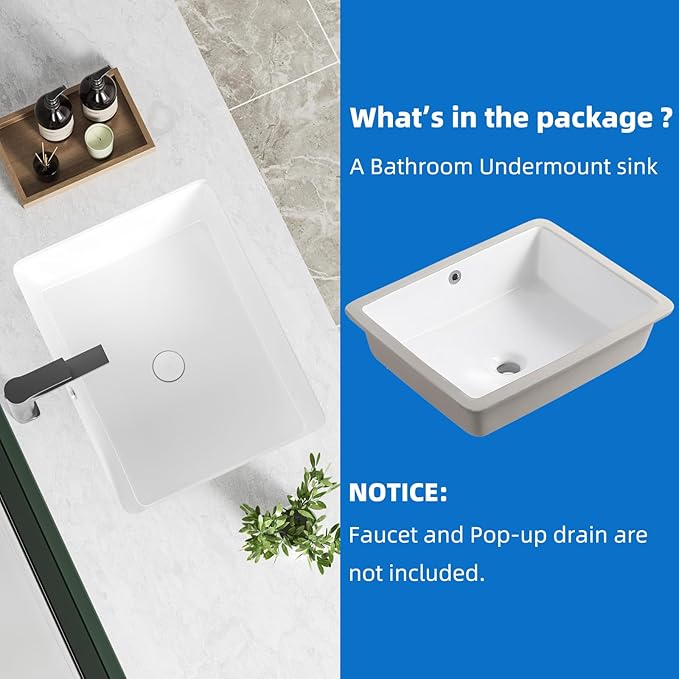 20 Inch Rectangle Undermount Bathroom Sink 19.5" X 15.9" Under Counter Vanity Sink Opening Size 17.5" x 13.78" White Porcelain Basin Sink Lavamanos Para Baños KINGWONG