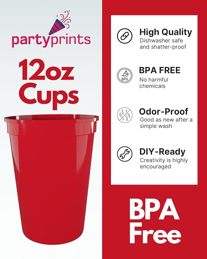 PartyPrints 100 Pack Small 10 to 12 oz Red Reusable Blank Plastic Cups - Image 2