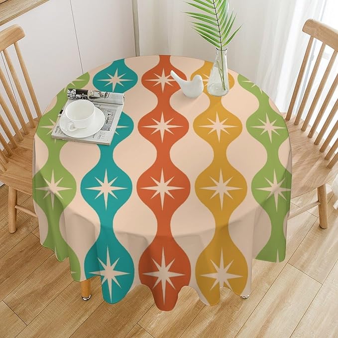Mid Century Modern Round Tablecloth, Vintage Abstract Colorful Geometric Tablecloth for Home Party Dining Room Kitchen Decor 36Inch(90cm)