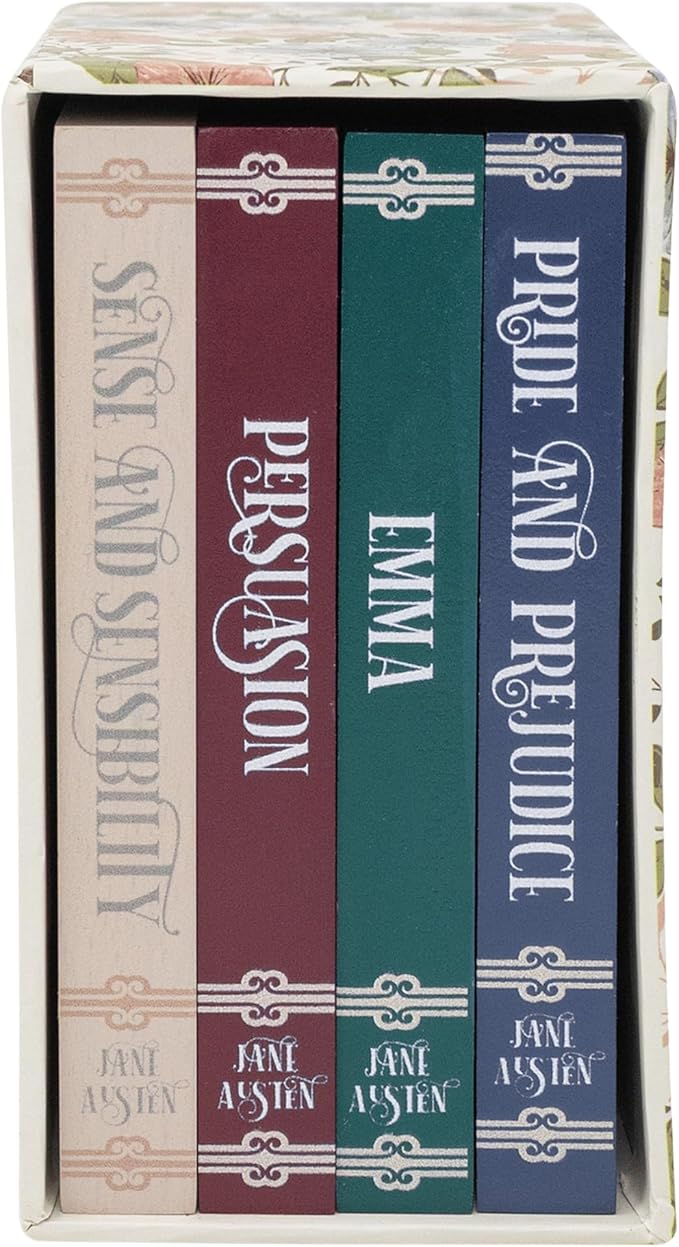Steel Mill & Co Book Coaster Set of 4, Classic Wood & Cork Drink Coasters with Decorative Paper-Wrapped Storage Box for Aesthetic Coffee Table Decor for Book Lovers (Jane Austen)