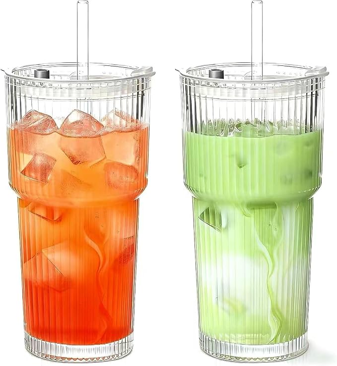 Glass Cups with Lids and Straws, 20oz Ribbed Glass Tumbler by MINGHYZYA