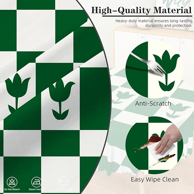 Laeacco 48 Inch Geometric Round Tablecloth Green White Plaid Square Flower Modern Abstract Art Print Table Cloth Washable Waterproof Wrinkle Free Table Cover for Kitchen Dining Picnic Party Decor