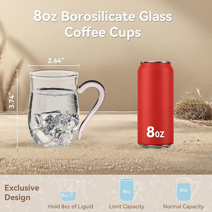 COMI Glass Coffee Cups, 8oz Clear Coffee Cups Set of 6, Lightweight Glass Mugs - Image 5