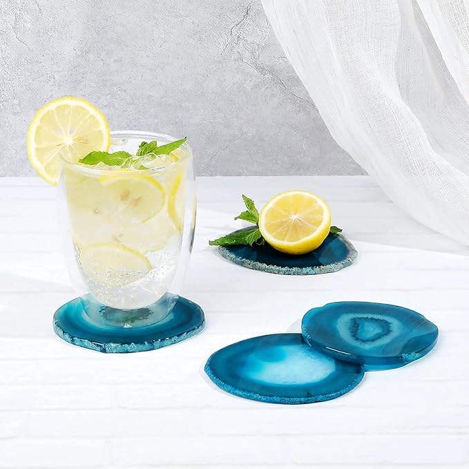 Agate Coaster Set of 4 for Drinks, Stone Coaster for Coffee Table 3.5-4" Geode Coaster Decor for Housewarming, Birthday, (Blue)