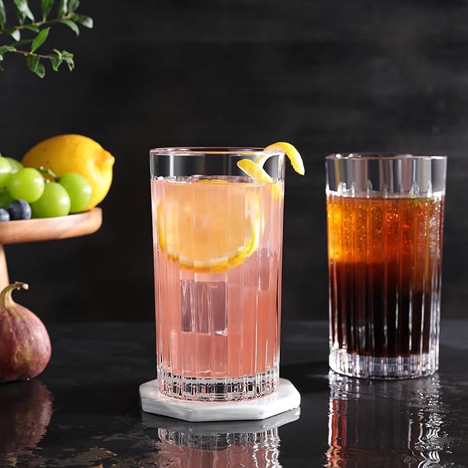 Royalrose Premium VertiLine 13.5oz Highball Glasses, 6pc Tall Glass Sets. Lead-Free Crystal Drinking Glasses. Water Glasses, Mojito Glass Cups, and Mixed Drink Cocktail Glass Set. (Tall glasses)