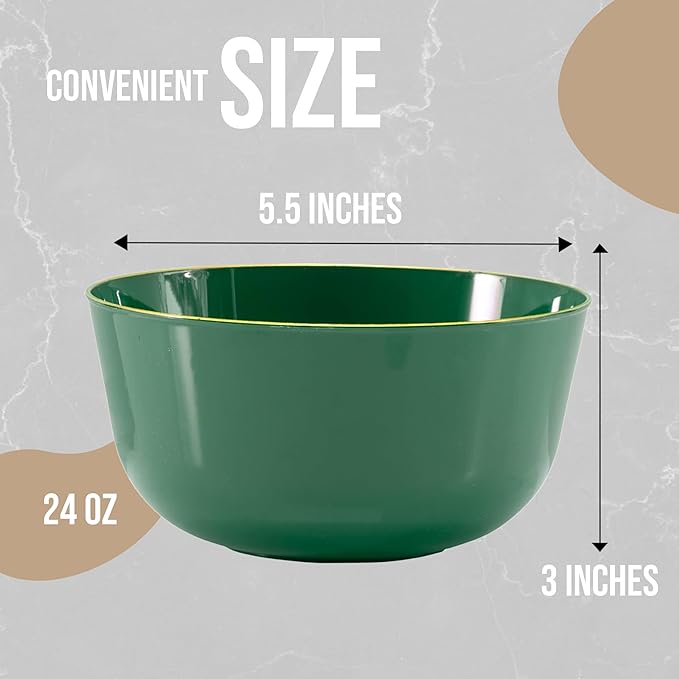 Trendables Disposable Bowls - 24 Oz Set of 50, Green Gold Rimmed Fancy Serving Bowls, Perfect for Ice Cream, Salad, and Candy