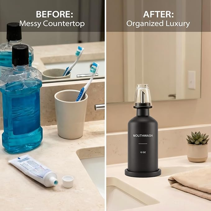 Glass Mouthwash Dispenser for Bathroom, Stainless Steel & Bamboo Nozzle - Image 3