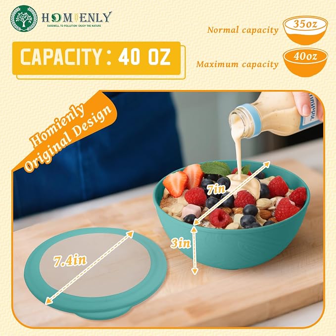 Bowls with Lids, Wheat Straw Bowl Set of 4-40 OZ Cereal Bowls and Silicone Edge - Image 2