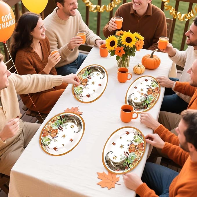 Grencian 50Pcs Thanksgiving Oval Paper Plates Thanksgiving Harvest Plates 10" X 12" Large Disposable Fall Pumpkin Cornucopia Platter Rustic Farmhouse Tableware for Autumn Harvest Party Decorations