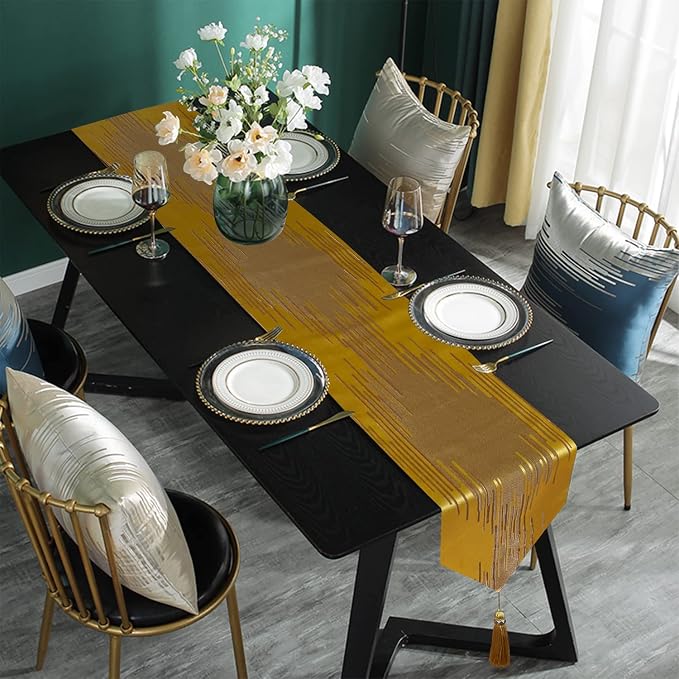 Luxury Golden Table Runner, Modern Abstract Geometric, Tassels | Satin Faux - Image 6