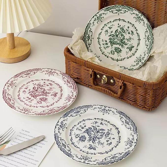 Ceramic Dinner Plates, 7.9 Inch Rose Flower Decorative, Microwave & Dishwasher - Image 2