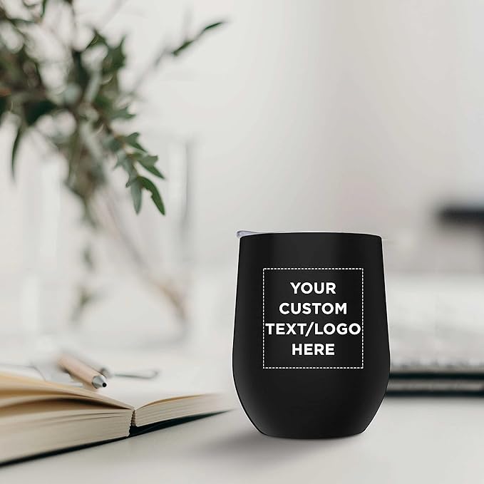 Custom Stemless Wine Glass Tumblers with Lids by Largo 11 oz. Set of 6, Personalized Bulk Pack - Perfect for Wine, Cocktails, Other Hot & Cold Beverages - Black