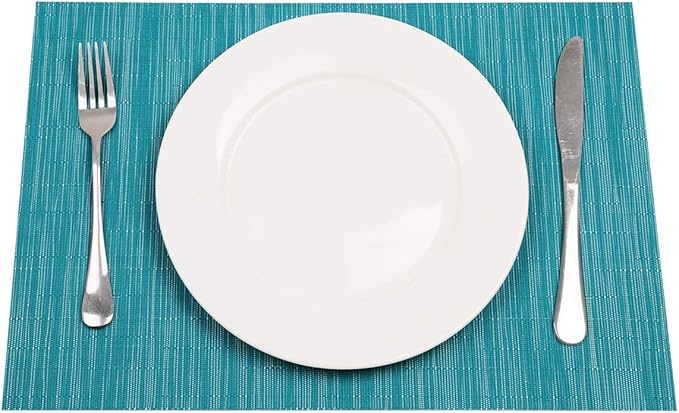 SHACOS Woven Vinyl Placemats Set of 4 Wipe Clean PVC Heat Resistant Place Mats Durable Waterproof Stain Resistant Indoor Outdoor Table Mats (4, Teal Blue)